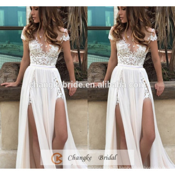 New Arrival Wedding Dress Cathedral Cap Sleeve Ivory Lace Detachable Court Train Chiffon Beach Bridal Gown